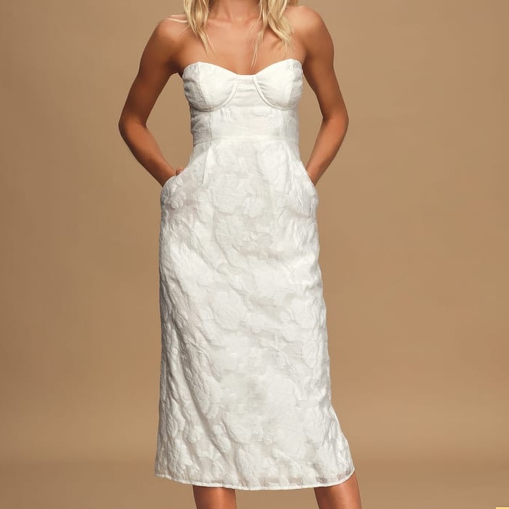 From this Day White Floral Jacquard Strapless Midi Dress